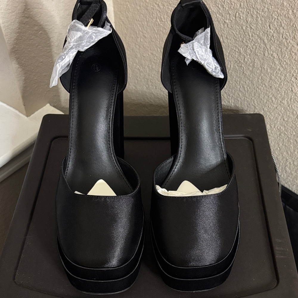 Amazon Black Satin Platform Heels